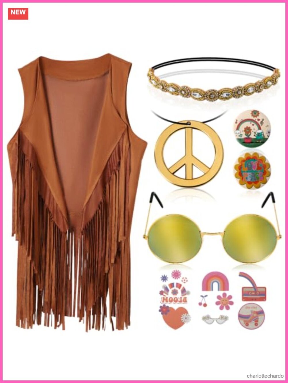 Hippie Costume Set Fringe Vest Headband Necklace Sunglasses Pins Tattoos